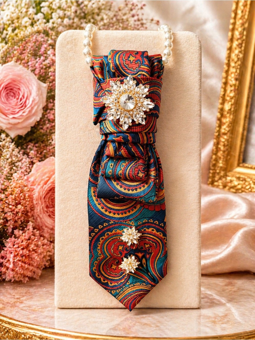 Elegant Multicolor Paisley Rhinestone Brooch Necklace by House of Augél